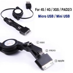 MBaccess UNT-E07 Retractable USB to Apple 30-Pin/micro USB/mini USB Cable Black