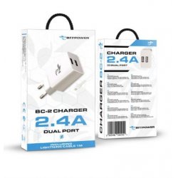 BeePower BC-2 Travel Charger 2.4A 2 x USB+Cable Lightning White