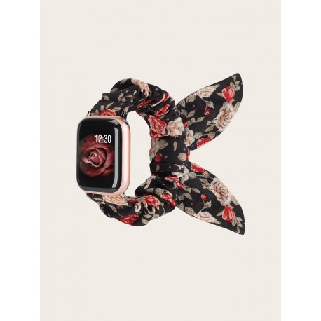 Apple Watch Ruched Graphic Fabric Fashion Wrist Belt 42/44/45mm Flowers Black