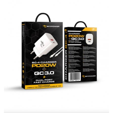 BeePower BC-4 Wall Charger 20W PD USB-C+USB3.0+Cable USB-C To Lightning Set White