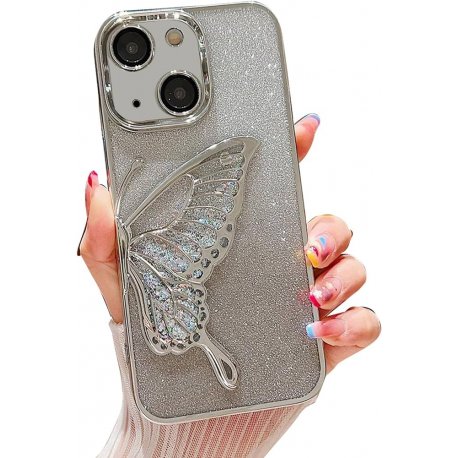 IPhone 12 SemiHard Case Butterfly Liquid Glitter Silver
