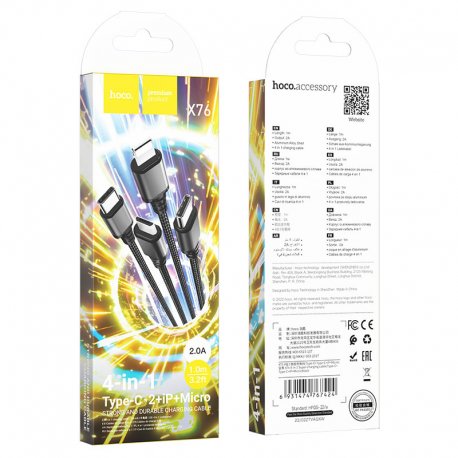Hoco X76 4 in 1 Type C 2 / Lightning 1/ Micro usb 1 Strong and Durable Charging Cable 1m Black
