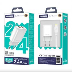 Jellico EU02 Travel Charger 2.4A 2 x Usb+Cable Lightning Set White