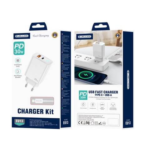 Jellico EU13 Fast Charger PD 30W Type-C + USB 3.0 and Cable Type C - Lightning White