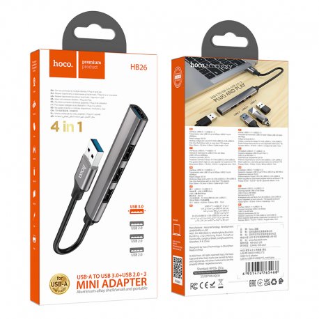 Hoco HB26 Adapter 4in1 USB to 1xUSB3.0+3xUSB2.0 Gray