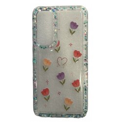 Samsung Galaxy A55 A556 5G Reinforced Edges Soft Cover Case with Glitter and Flowers Design Ttransperant
