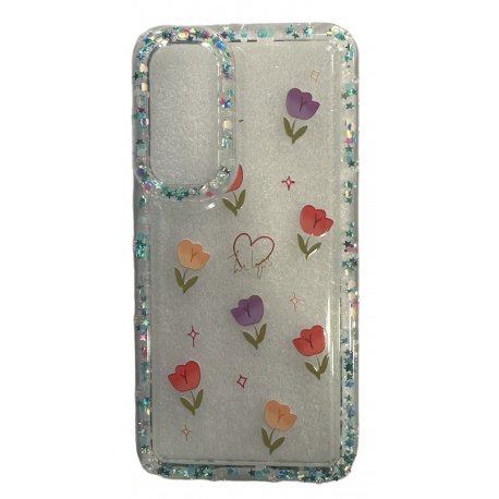 Samsung Galaxy A55 A556 5G Reinforced Edges Soft Cover Case with Glitter and Flowers Design Ttransperant