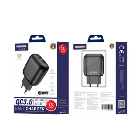 Jellico C32 Wall Charger 18W 1xUSB QC3.0+Cable USB-C Black