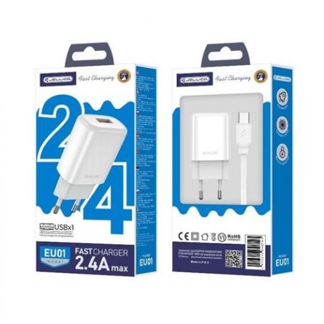 Jellico EU01 2.4A 12W 1xUSB Wall Charger+Cable USB-C White