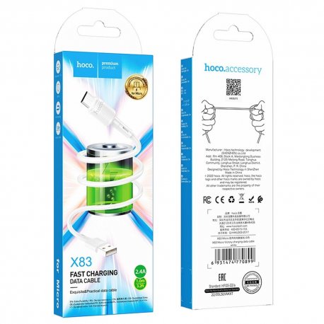 Hoco X83 USB A to Micro USB Cable 2.4A 1m White