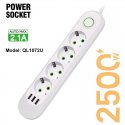 MBaccess 4 Position Power Socket with Switch 3 USB 2M Cable White