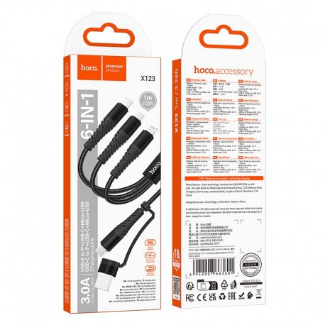 Hoco X123 Cable 3in1 USB C/USB A To Lightning+USB C+Micro USB 1m Black