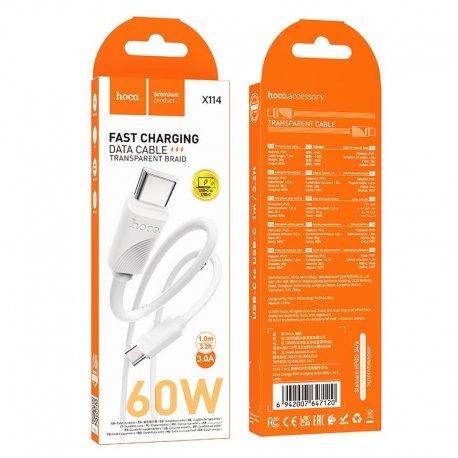 Hoco X114 Cable USB C To USB C 3A 60W 1m White