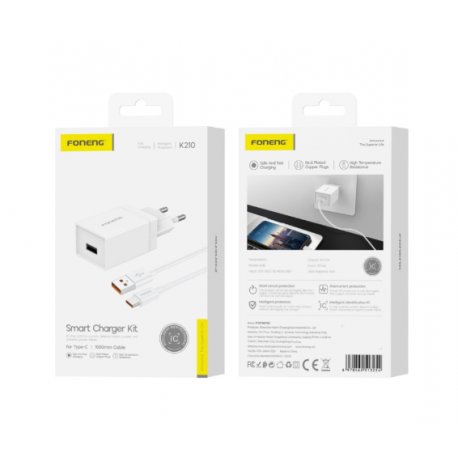 Foneng K210 Wall Charger 2.1A 10W 1xUSB+Cable USB-C White