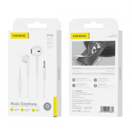 Foneng EP100 Wired Earphones Jack 3.5mm With Microphone 1.2M White