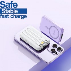 MBaccess NJ25 PD 20W Magsafe with LED indicator 2 USB-C And Lightning Cables 10000mah Wireless Charging White