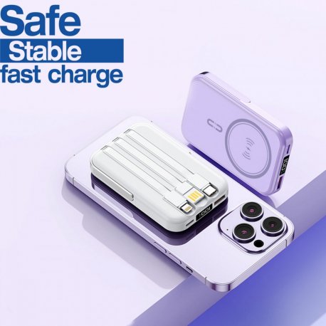 MBaccess NJ25 PD 20W Magsafe with LED indicator 2 USB-C And Lightning Cables 10000mah Wireless Charging White
