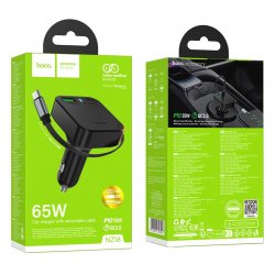 Hoco NZ18 Car Charger With Retractable Cable 2xUSB C+USB A QC PD 65W Black